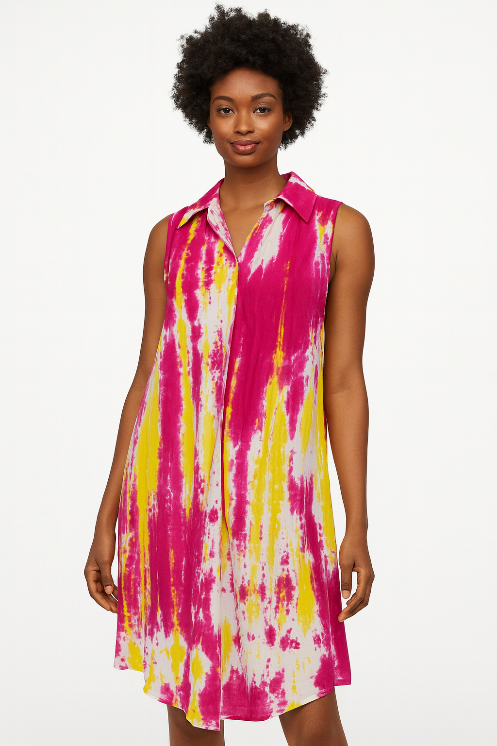 Vestido Fucsia Sin Mangas Con Detalles Amarillos