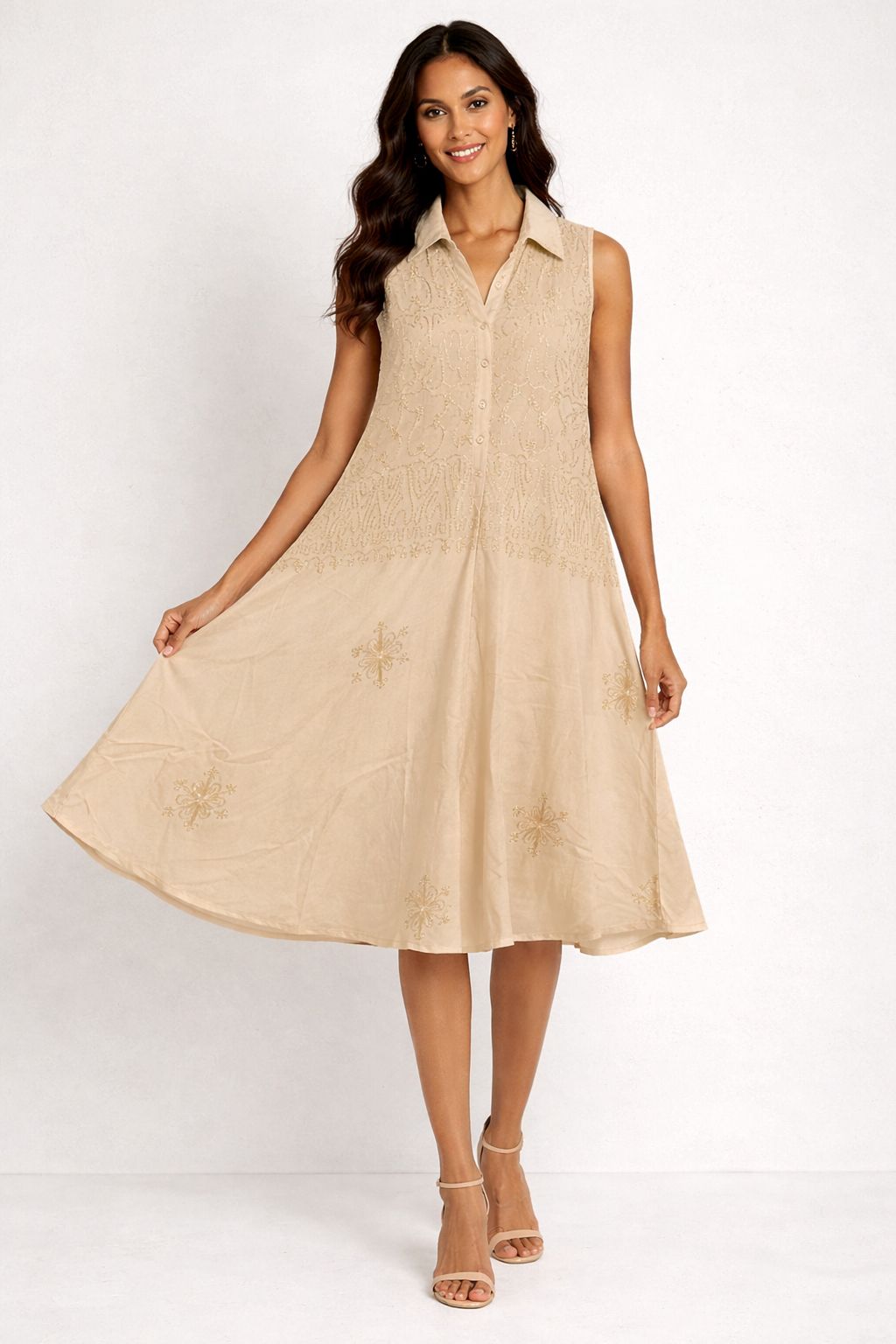 Vestido Beige Bordado Sin Mangas