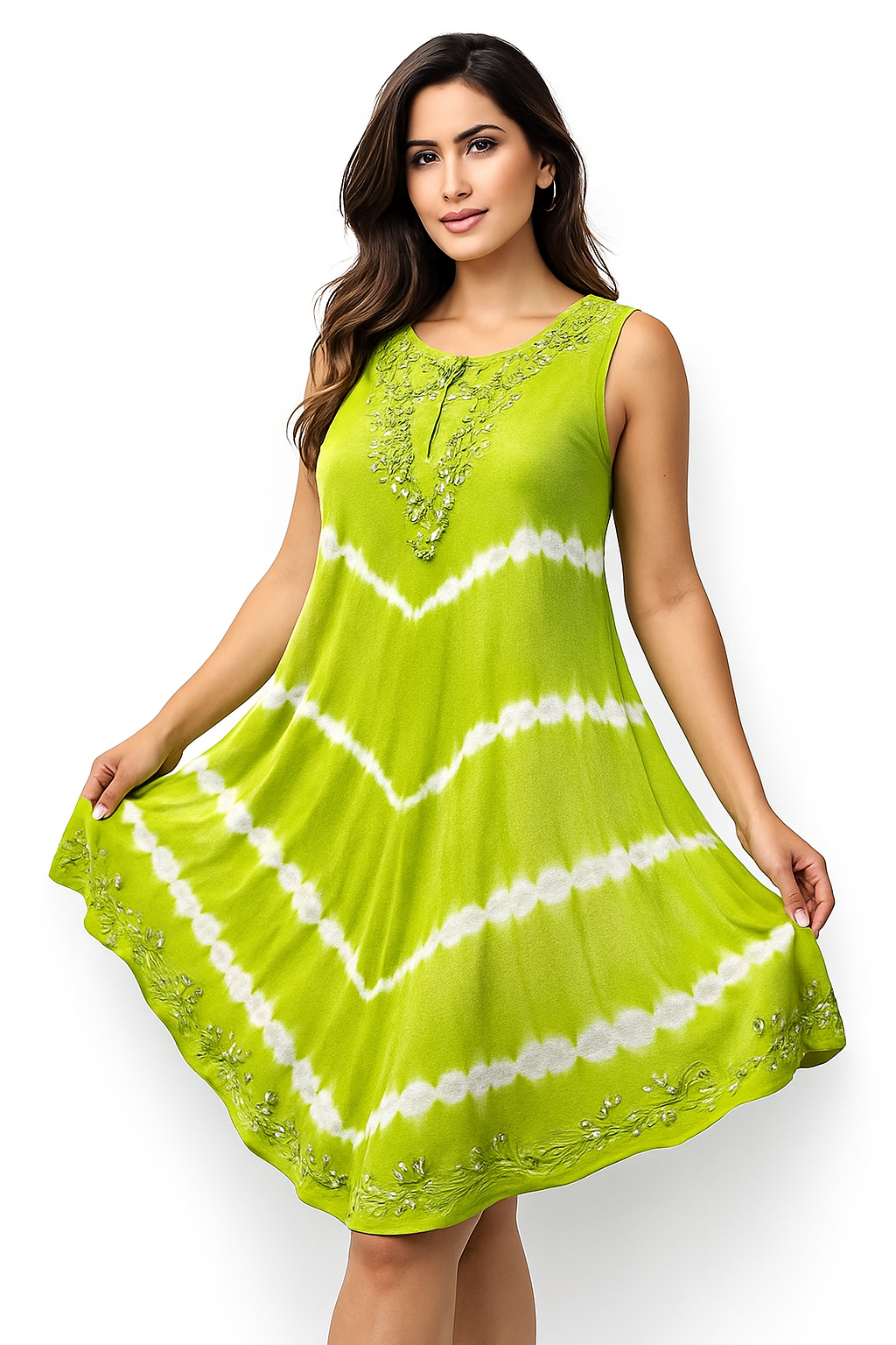 Embroidered Green Printed Dress | One Size