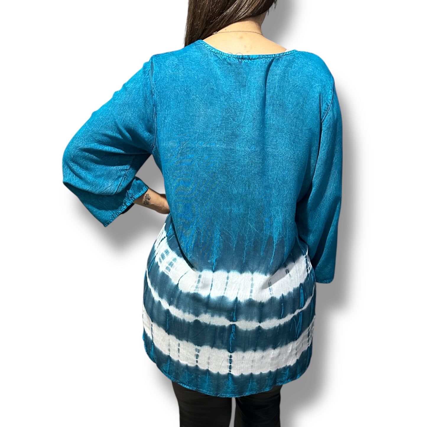 Blusa de Dama Azul Turquesa con blanco