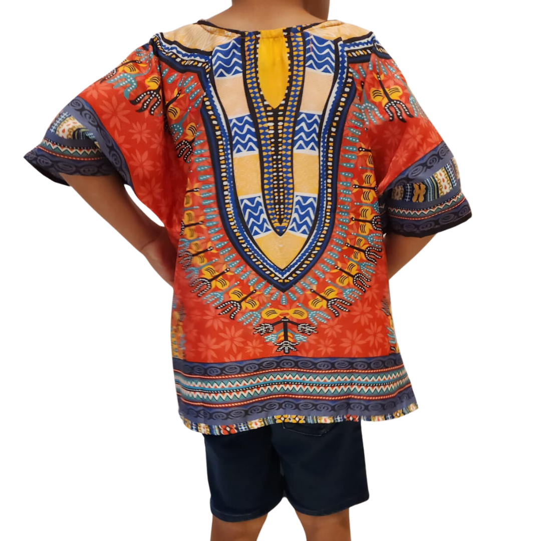 Camisa Dashiki de Niño Afrocaribeño Rojo con Bolsillos