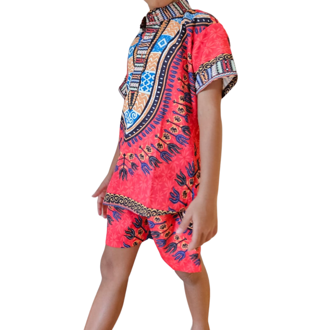 Camisa Afrocaribeña de Niño de Botones Cuello Chino Estampado Naranja