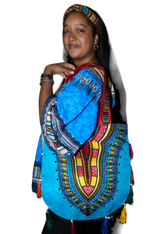 Bolso Cartera Azul con Estampado Afrodescendiente