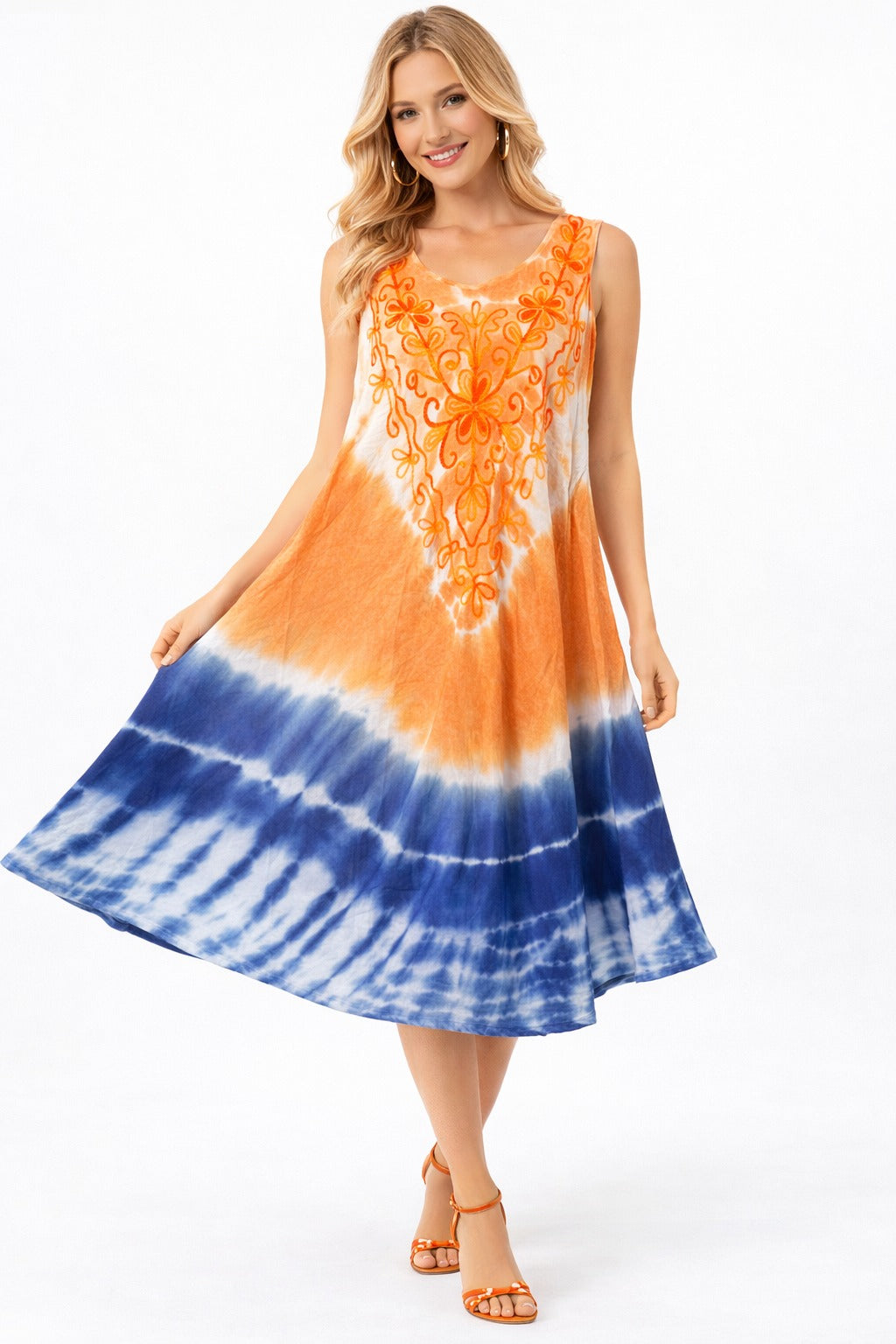 Orange Diya Dress with Blue Tie Dye Embroidered Top – Sai Baba Beachwear