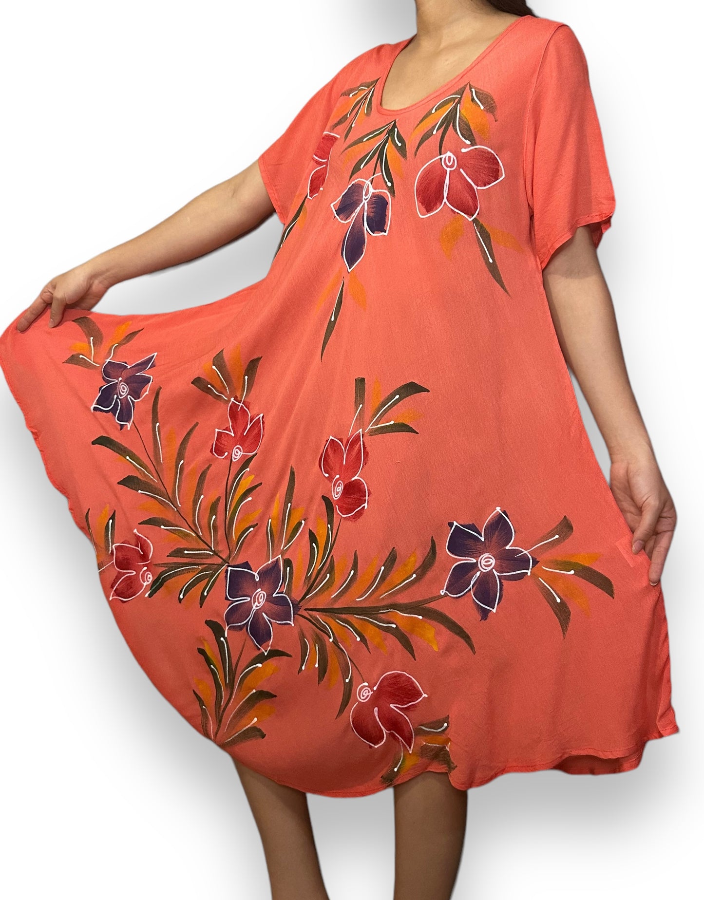 Vestido Naranja con Mangas de Estampado Floreado