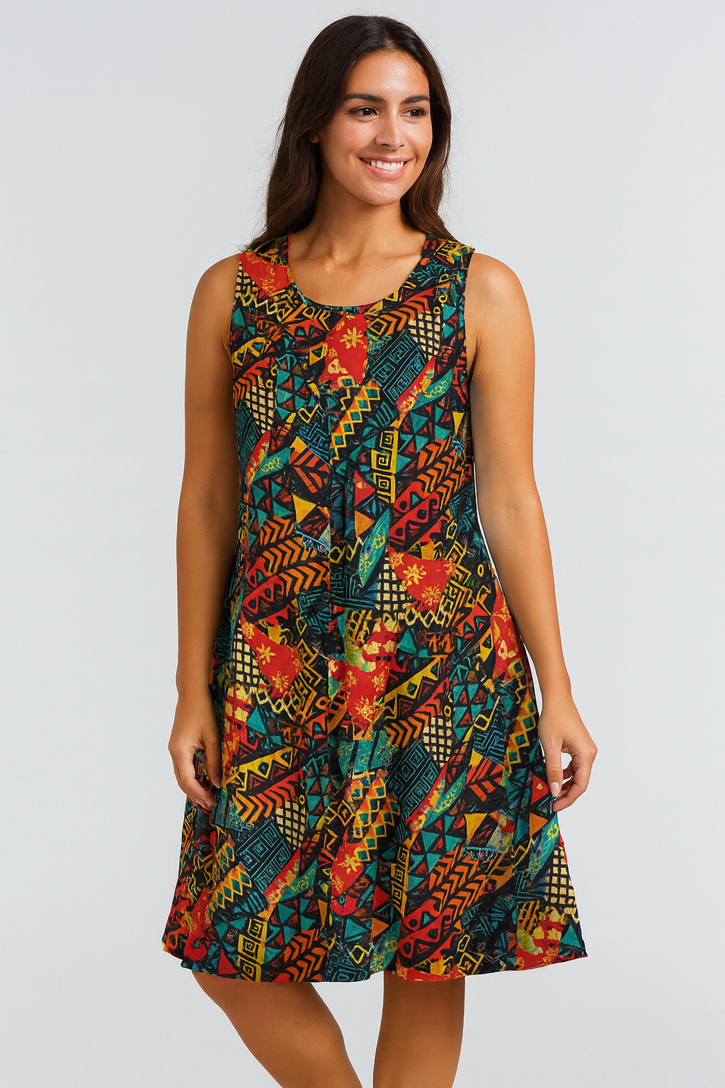 Vestido de Dama Afrocaribeña Unitalla sin Mangas. Estampado Afrodescendiente