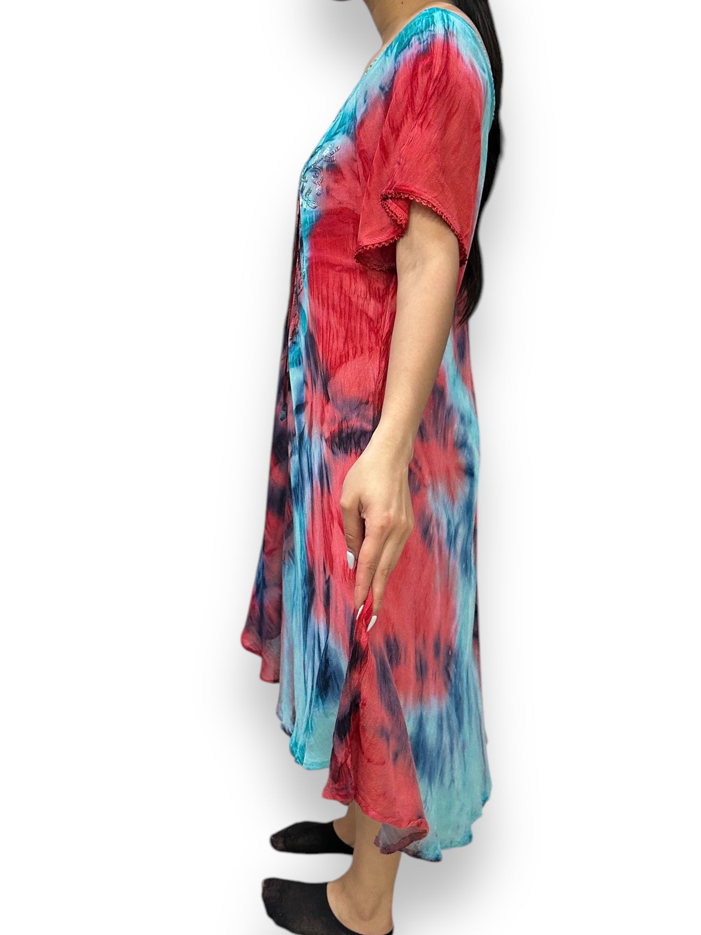 Vestido de Dama Azul y Rojo Veteado con mangas