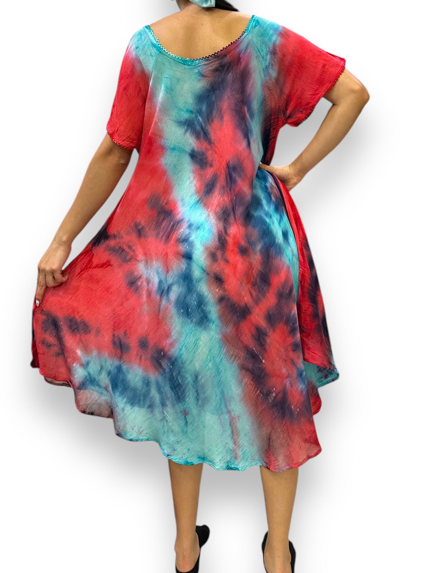 Vestido de Dama Azul y Rojo Veteado con mangas