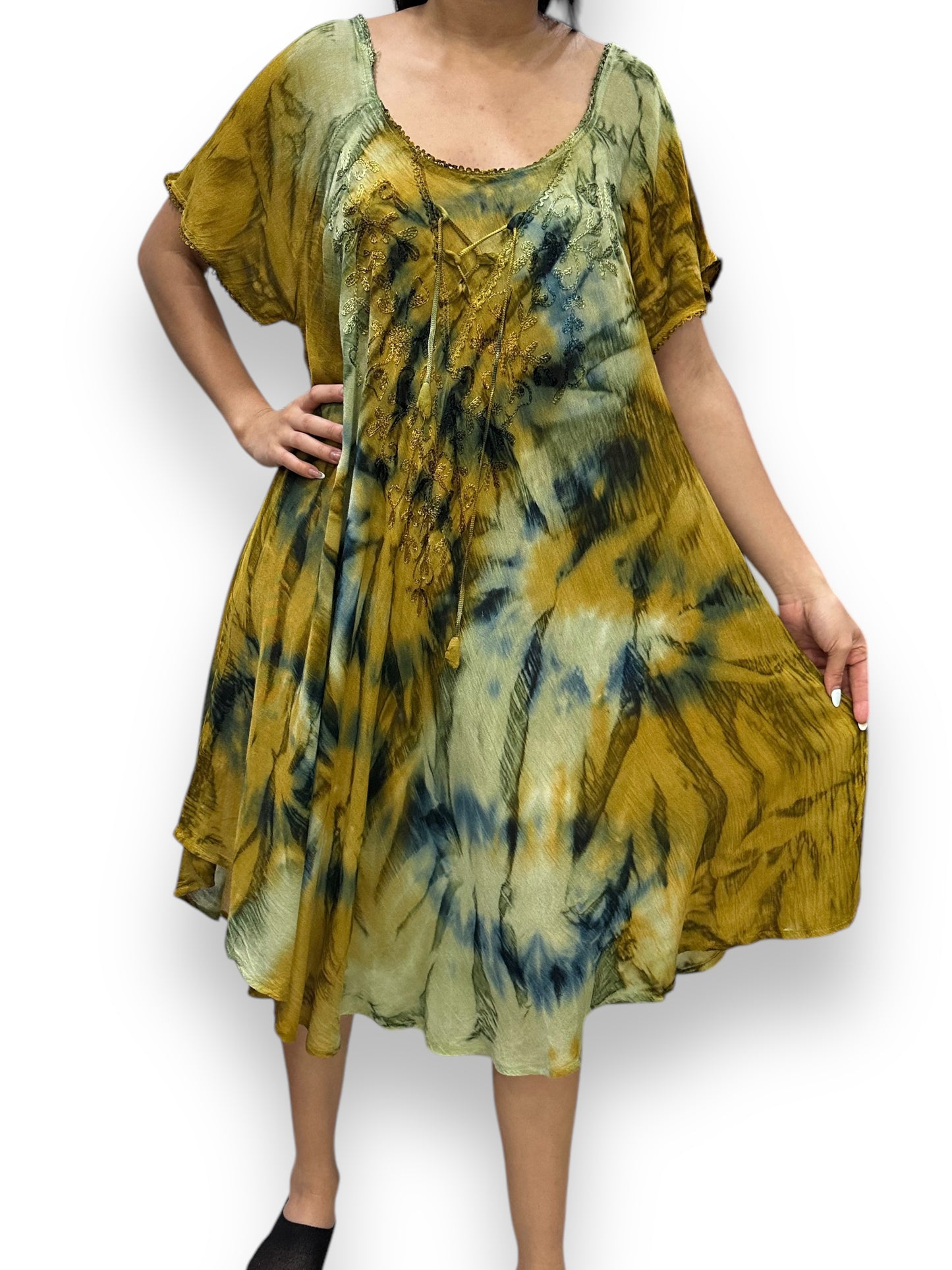 Vestido de Dama Mostaza Veteado con mangas