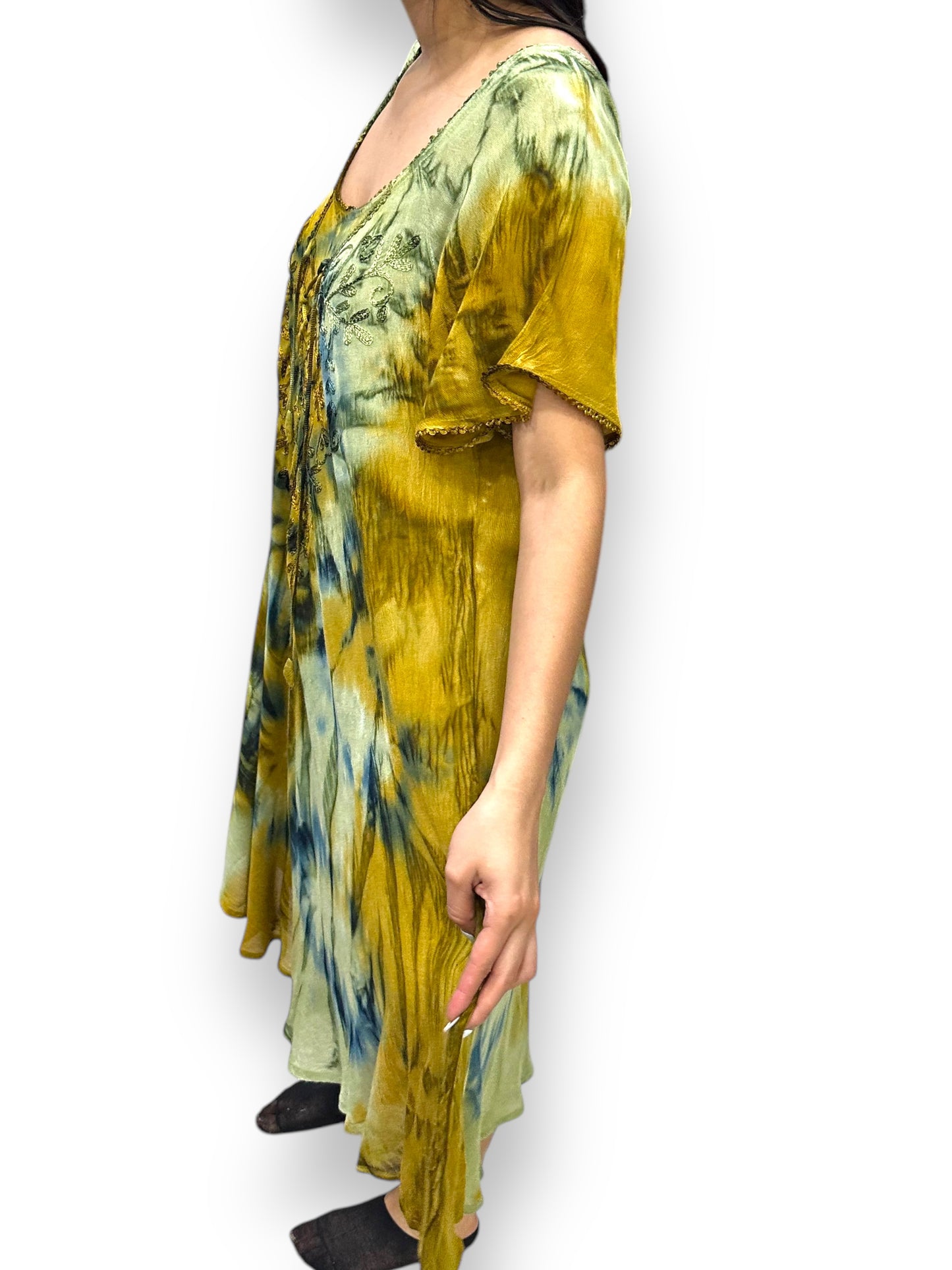 Vestido de Dama Mostaza Veteado con mangas