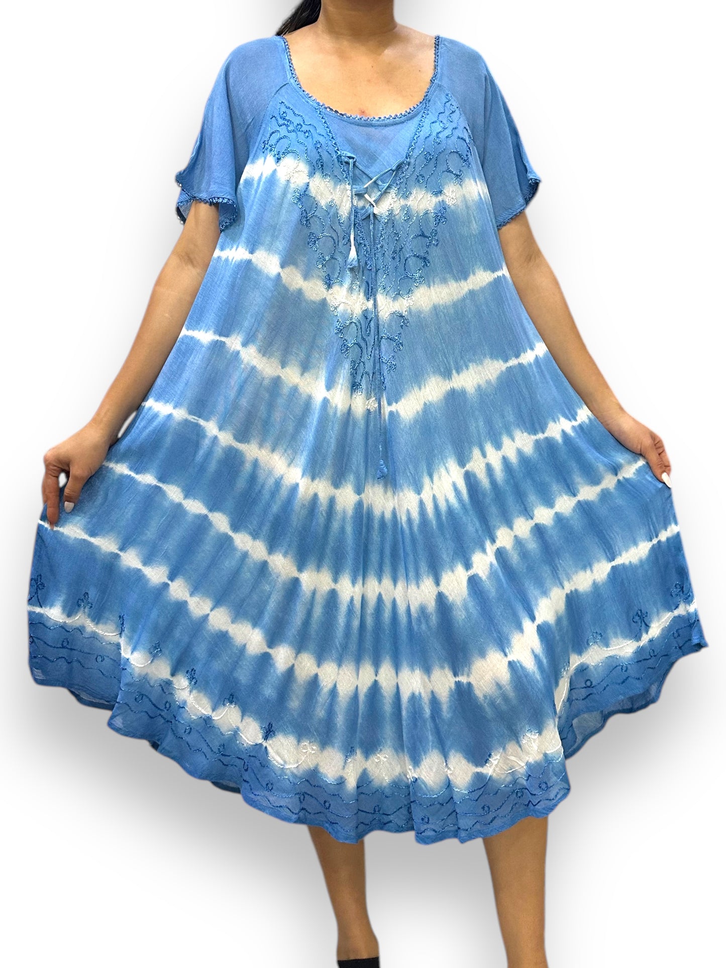 Vestido de Dama Azul Veteado con mangas