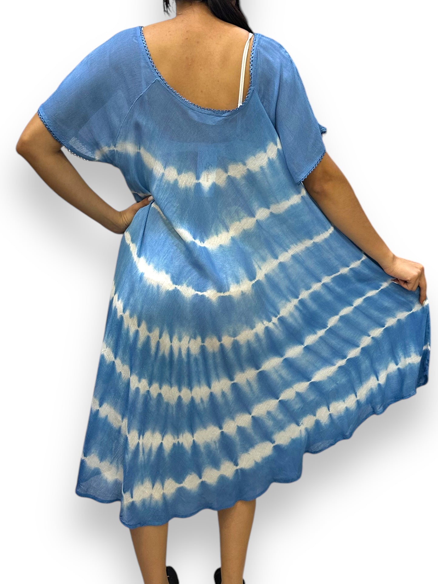 Vestido de Dama Azul Veteado con mangas