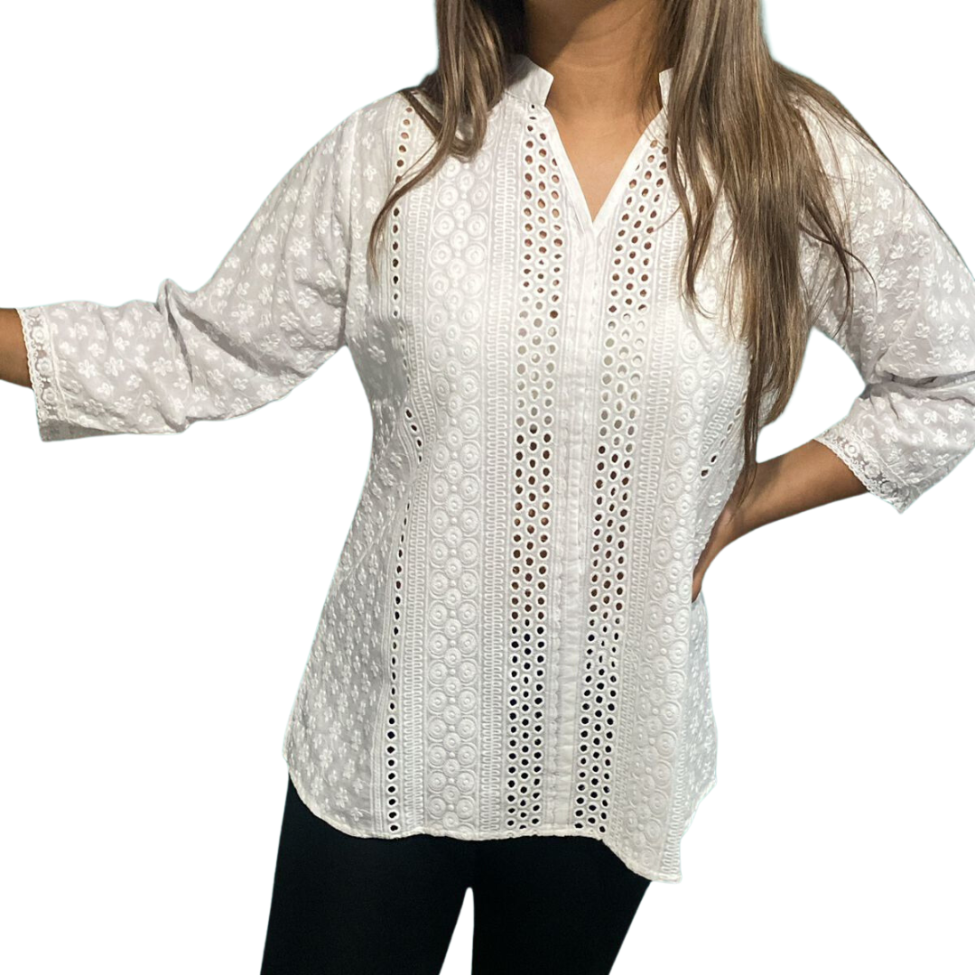 Blusa Blanca de Dama Mangas 3/4. CT318L