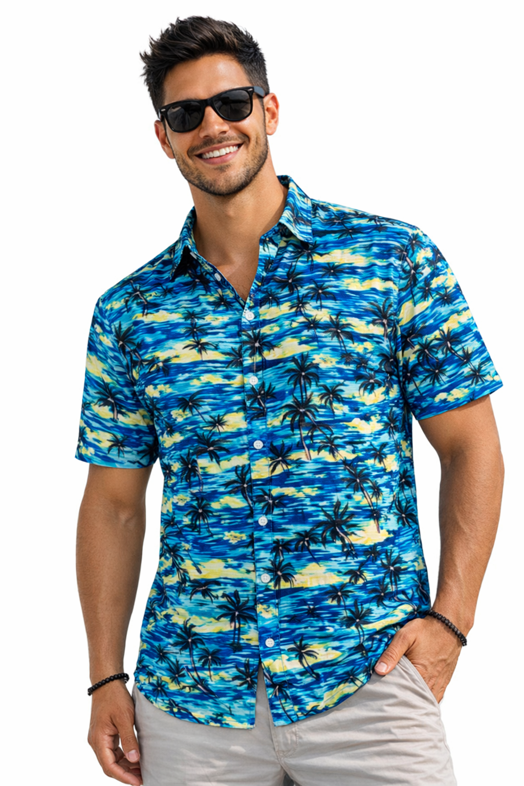 Camisa Hawaiana Celeste Con Palmeras