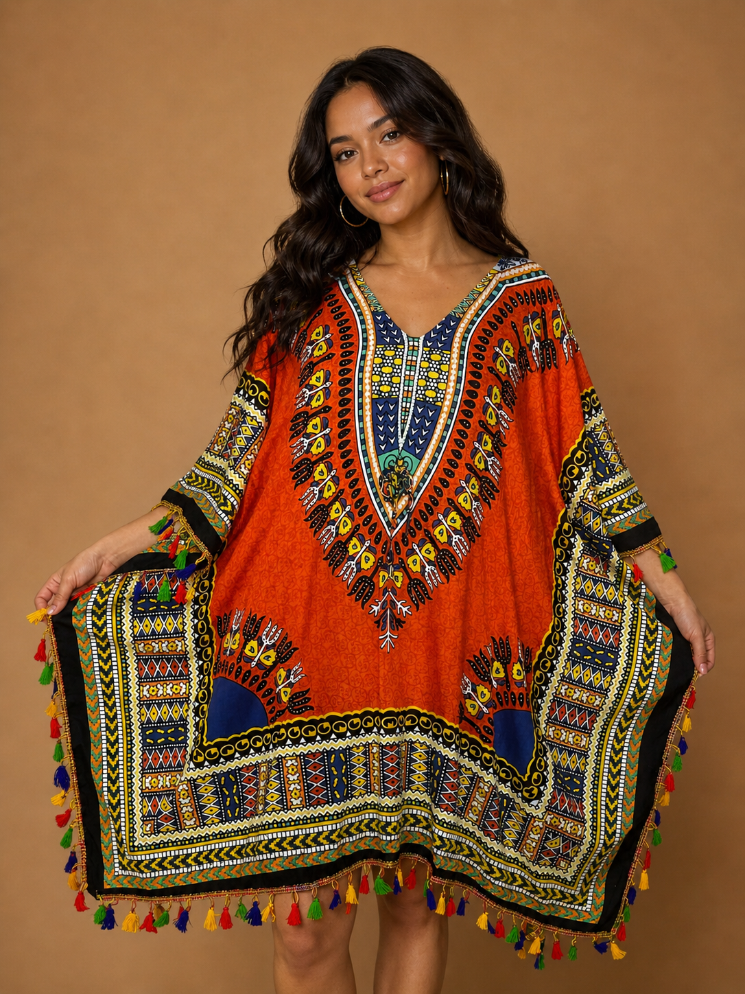 Kaftan Afrocaribeño Naranja con Pompones