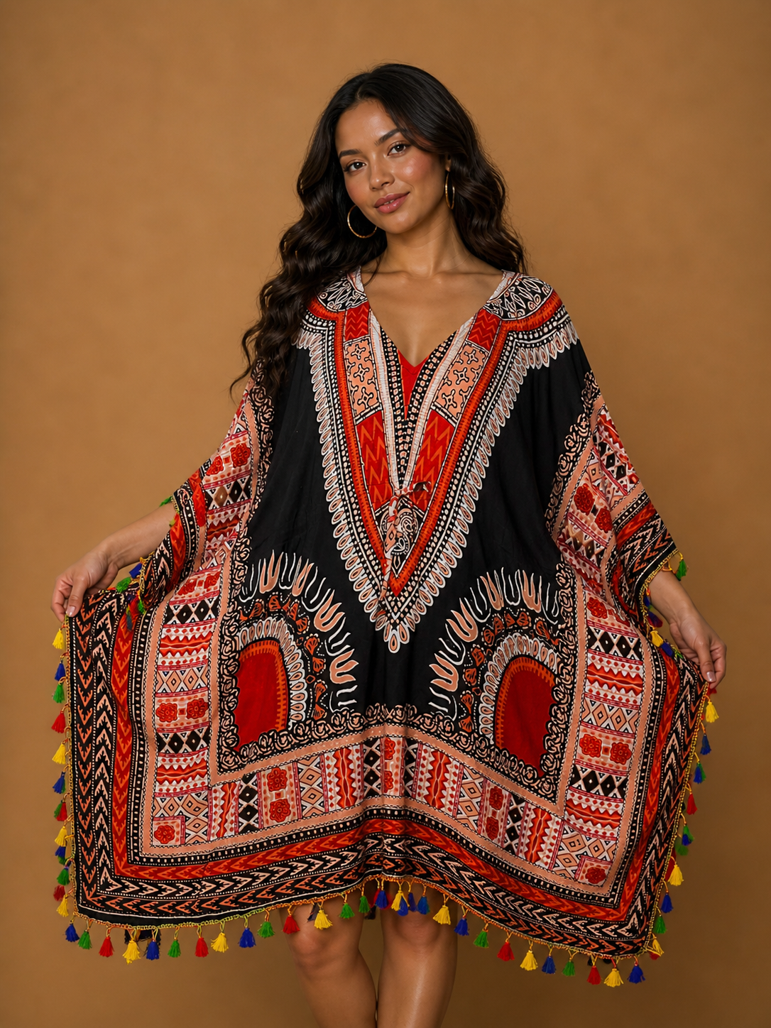 Kaftan Afrocaribeño Rojo con Pompones