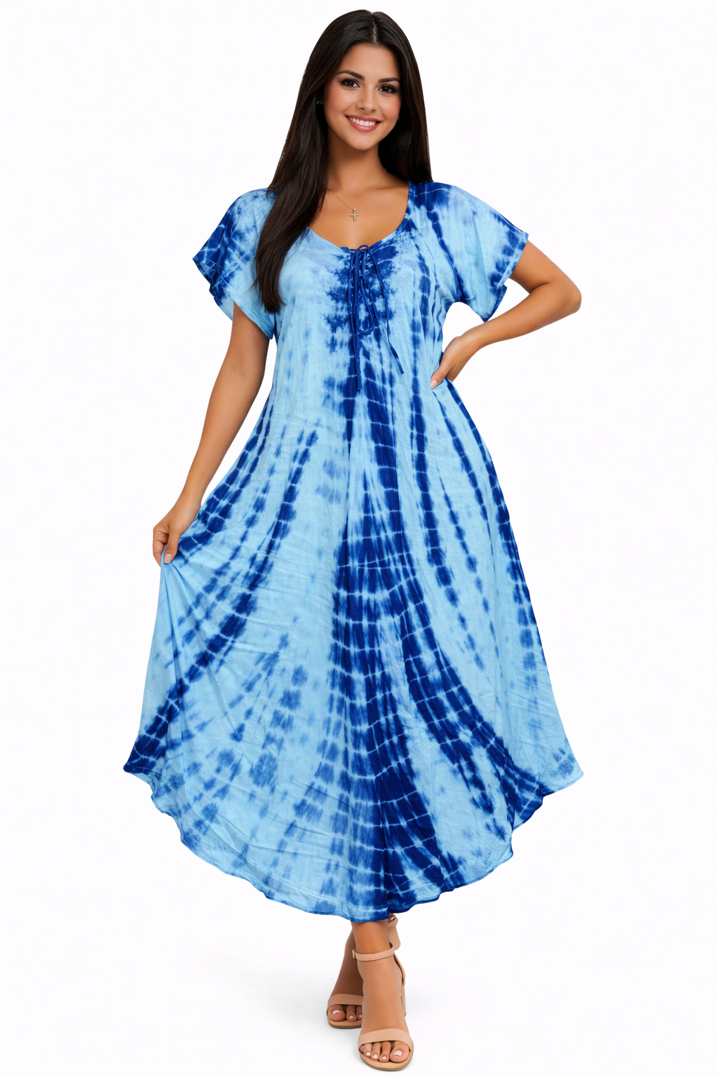 Sky Blue and Blue Tie-Dye Dress with Sleeves | One Size