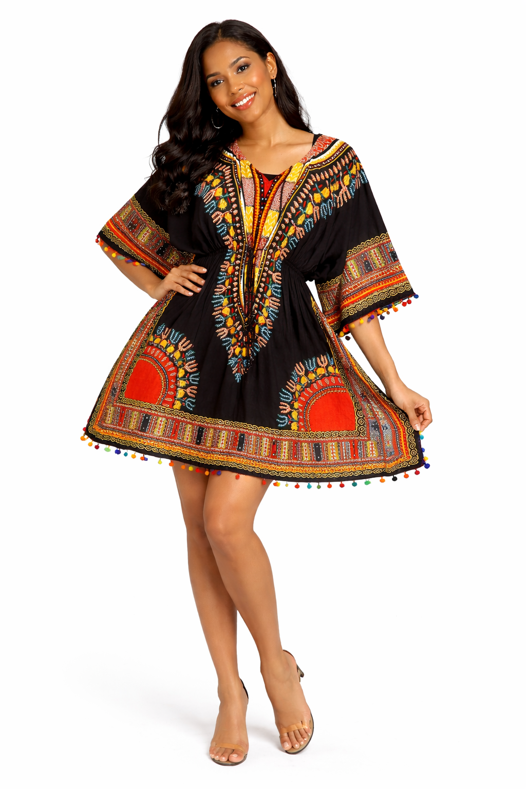 Black Kaftan Blouse with Multicolored African Style Yellow Print