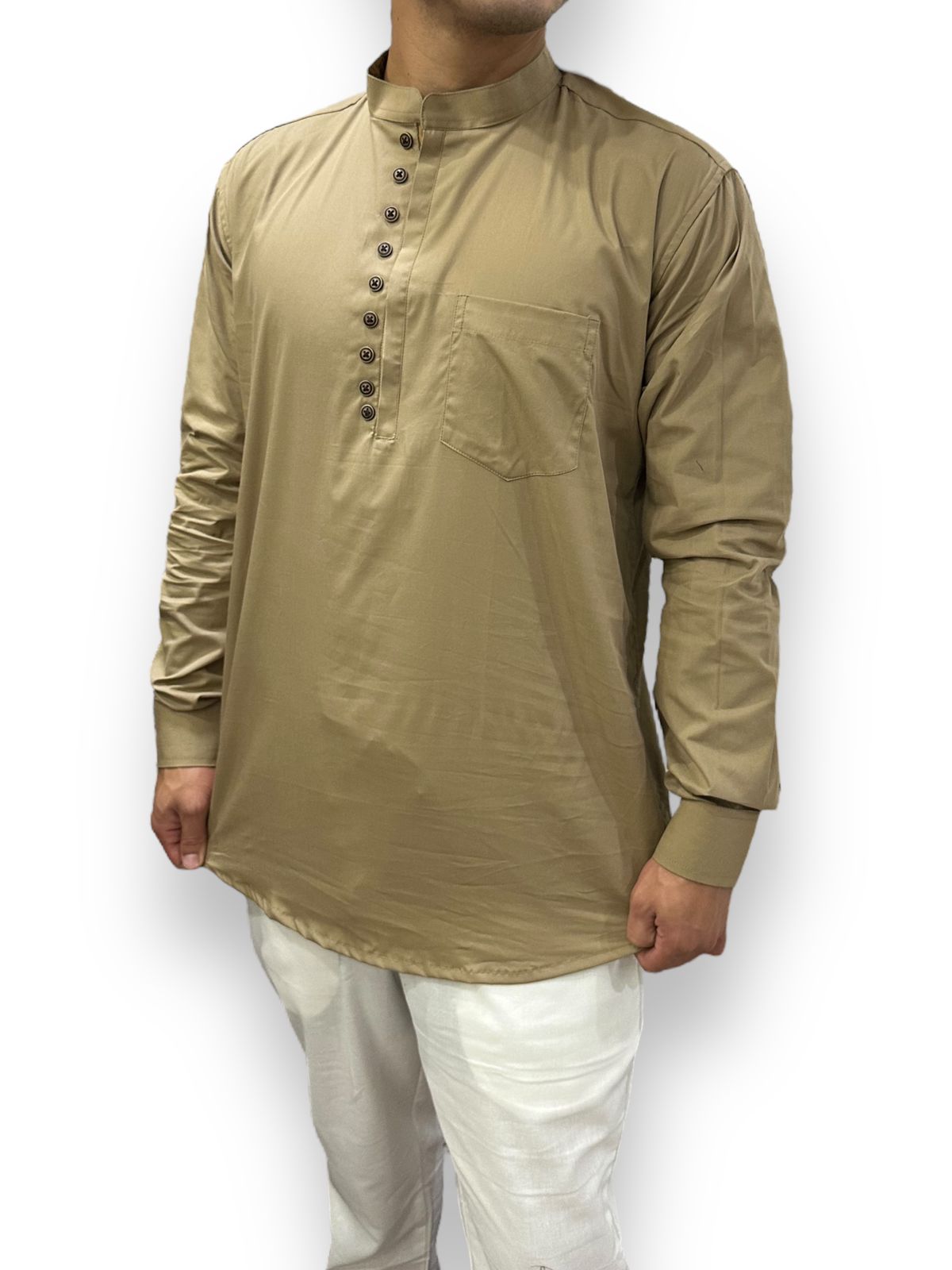 Camisa Khakhi de Hombre Mangas Largas Cuello Chino