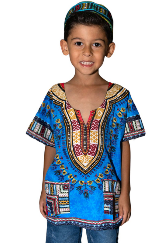 Camisa Dashiki de Niño Afrocaribeño Azul con Bolsillos