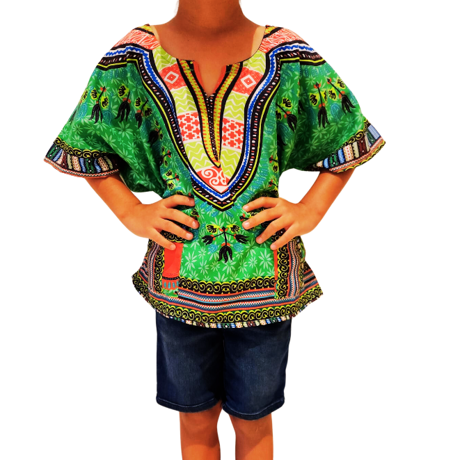 Oferta Combo Camisa Dashiki Afrocaribeña Verde de Niño + Sombrero (Kufi) Combinado