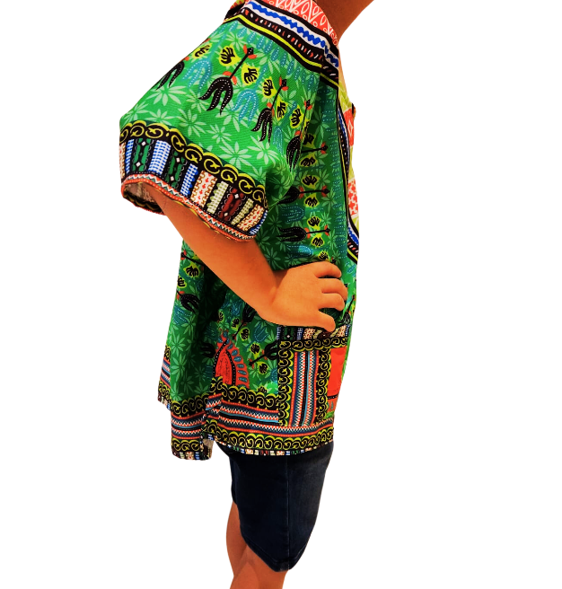 Oferta Combo Camisa Dashiki Afrocaribeña Verde de Niño + Sombrero (Kufi) Combinado