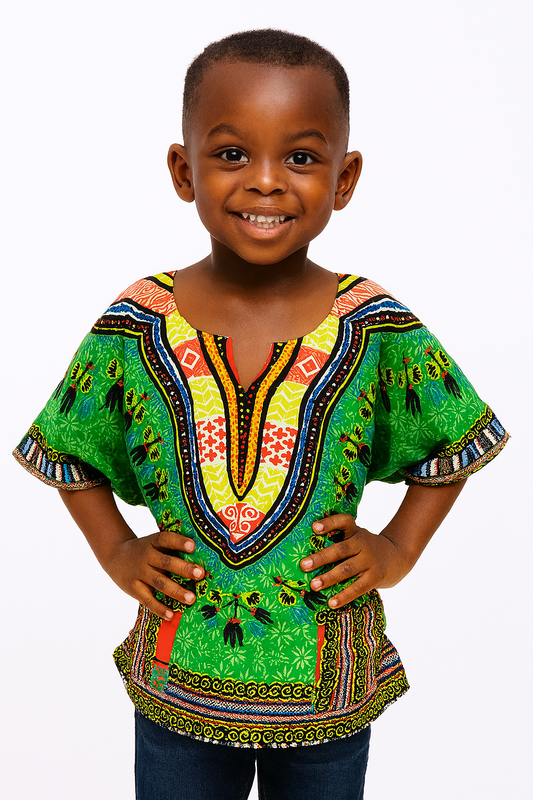 Camisa Dashiki de Niño Afrocaribeño Verde con Bolsillos