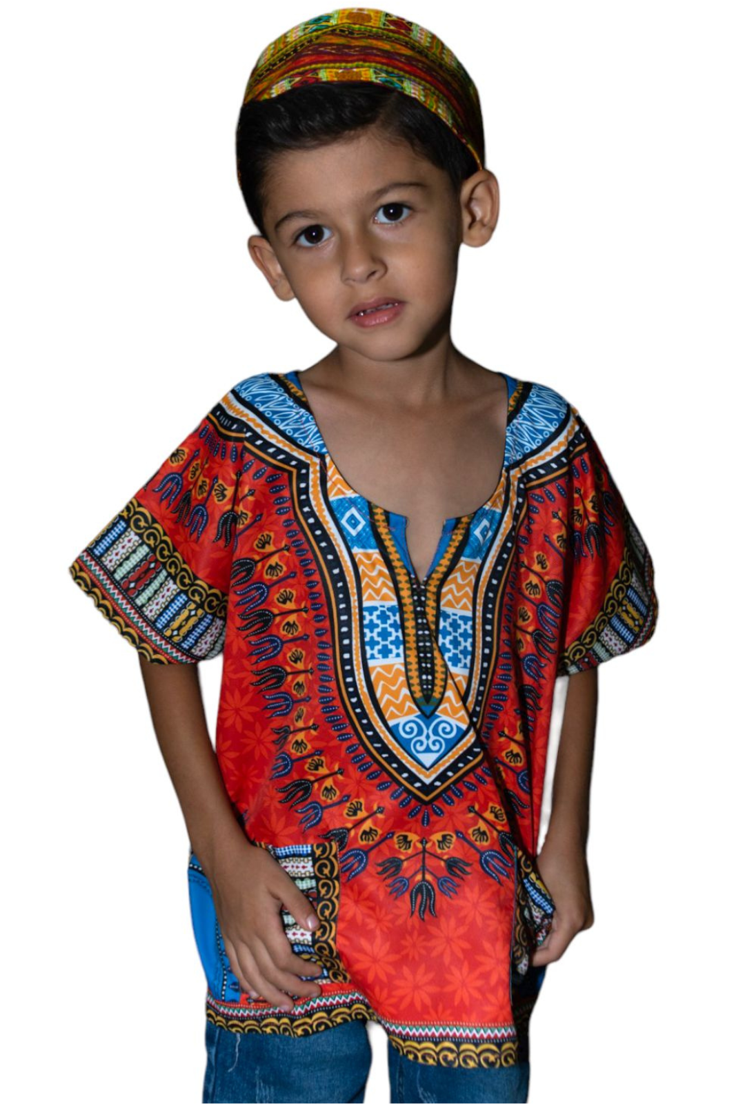 Camisa Dashiki de Niño Afrocaribeño Naranja con Bolsillos
