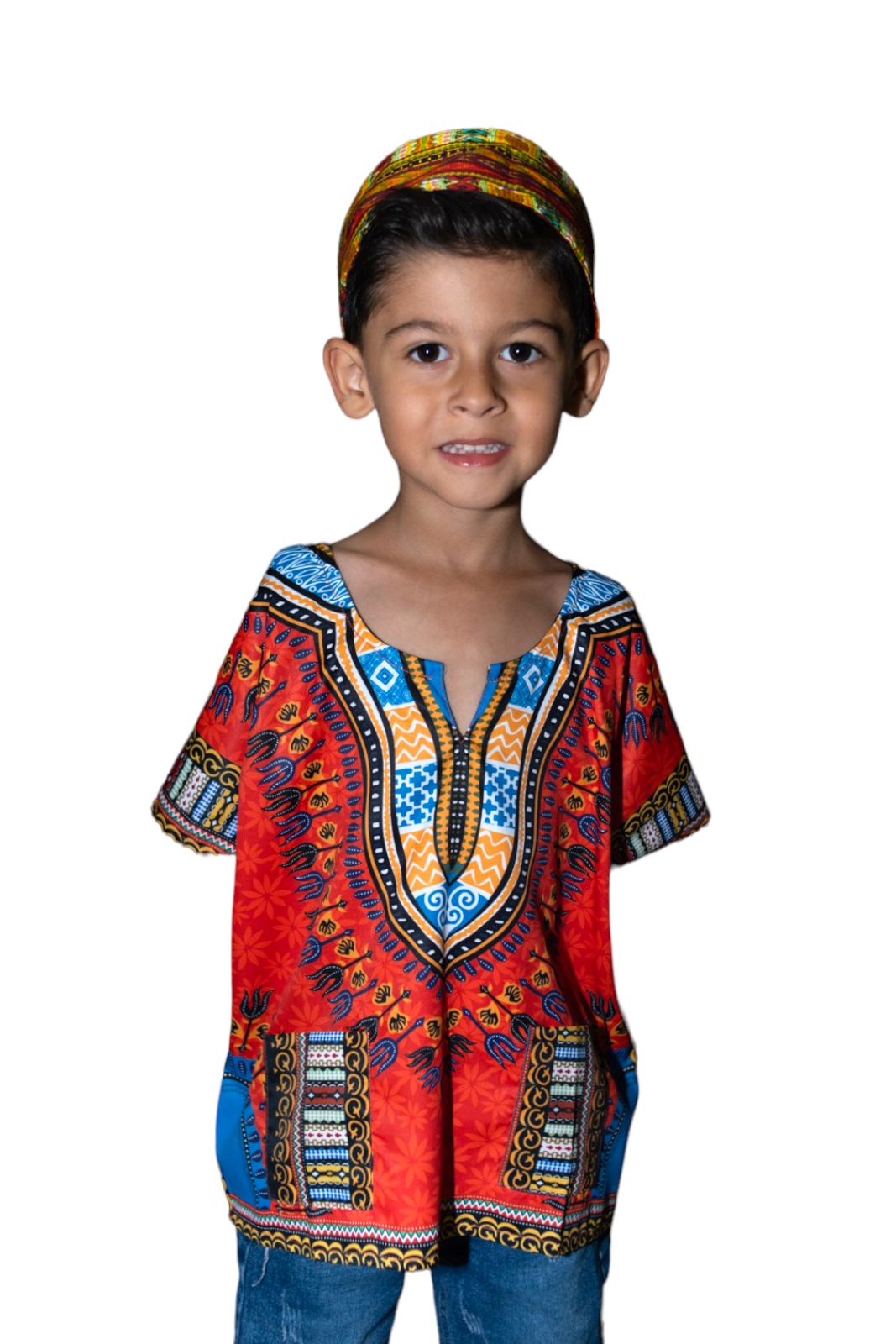Camisa Dashiki de Niño Afrocaribeño Naranja con Bolsillos