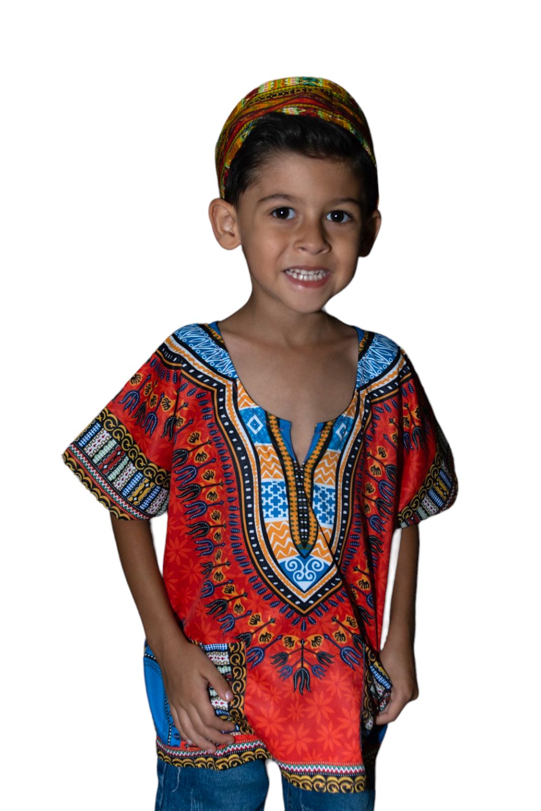Camisa Dashiki de Niño Afrocaribeño Naranja con Bolsillos