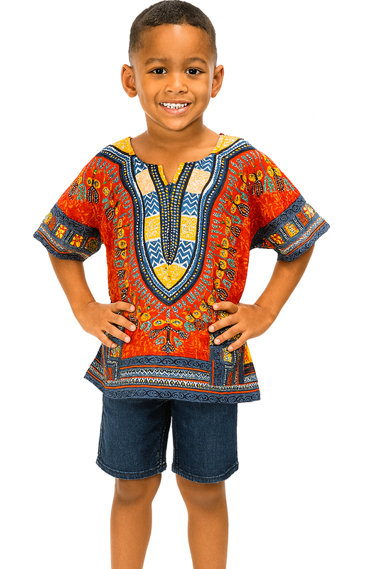 Camisa Dashiki de Niño Afrocaribeño Rojo con Bolsillos