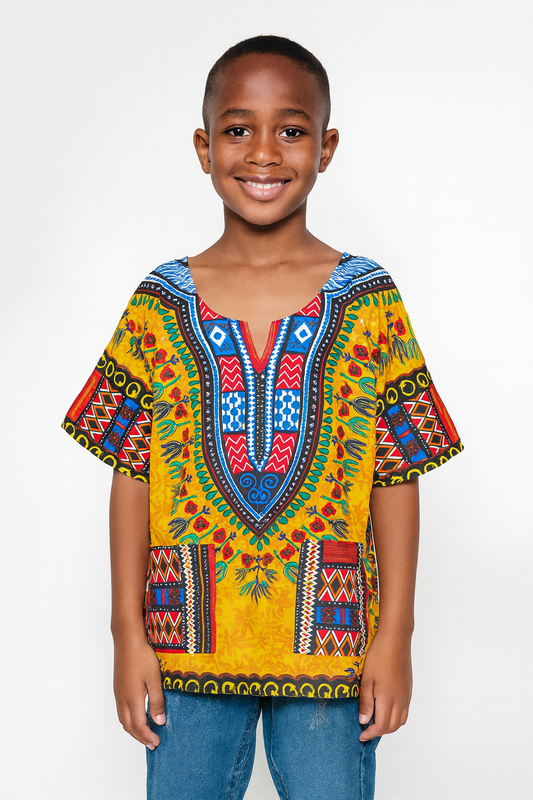 Camisa Dashiki de Niño Afrocaribeño Amarillo con Bolsillos