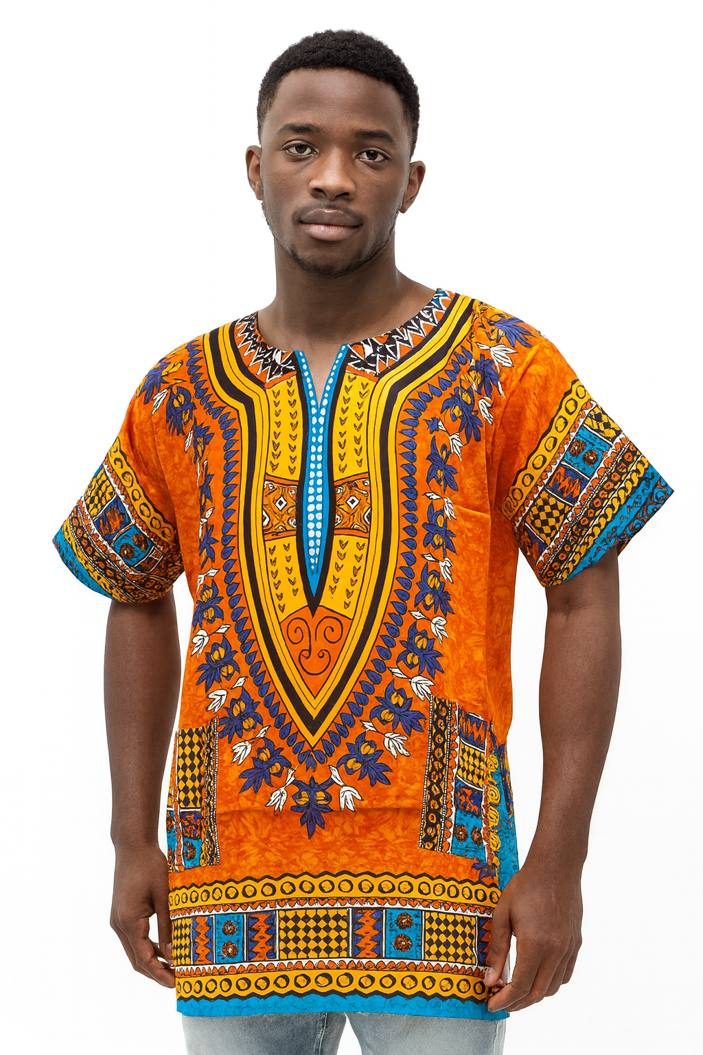 Camisa Dashiki de Hombre con Estampado Afrocaribeño Naranja