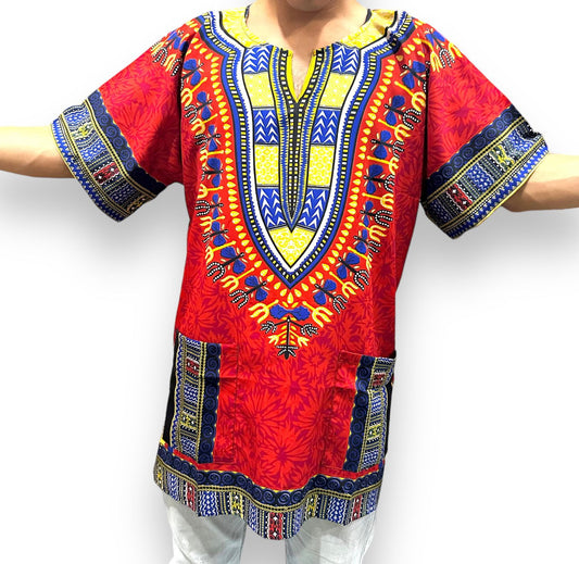 Camisa Dashiki de Hombre con Estampado Afrocaribeño Rojo
