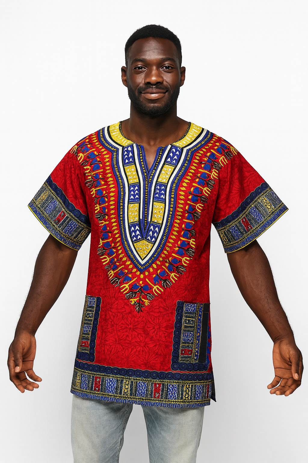 Camisa Dashiki de Hombre con Estampado Afrocaribeño Rojo