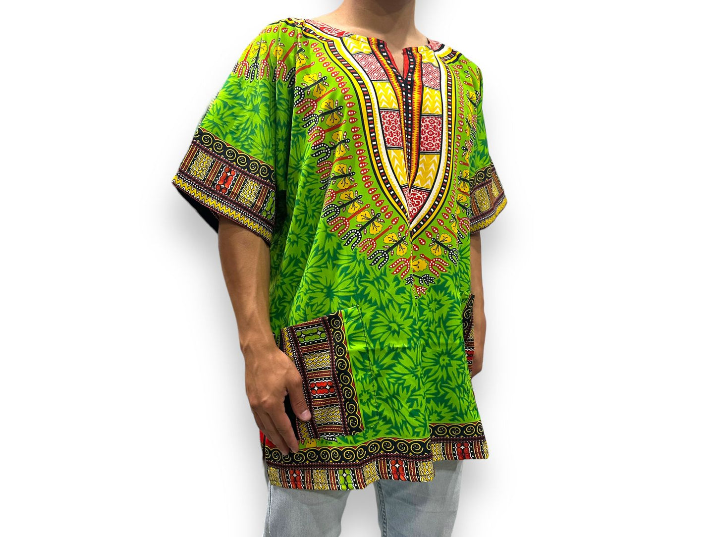 Camisa Dashiki de Hombre con Estampado Afrocaribeño Verde