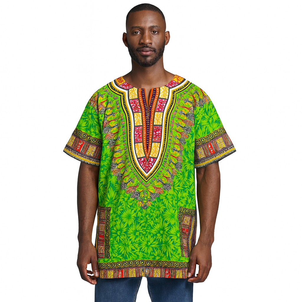 Camisa Dashiki de Hombre con Estampado Afrocaribeño Verde