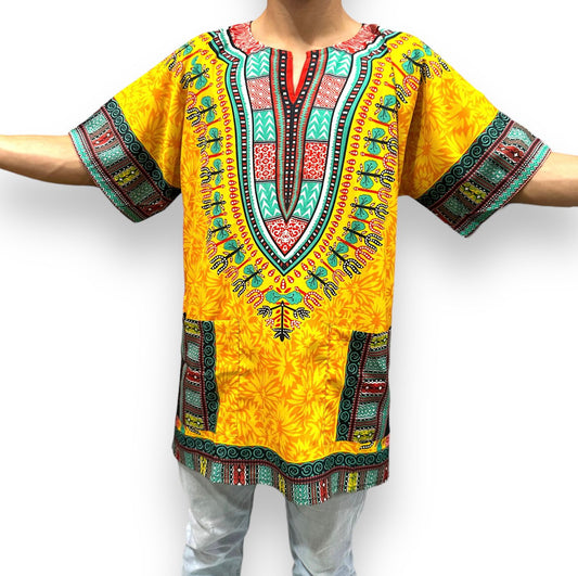 Camisa Dashiki de Hombre con Estampado Afrocaribeño Amarillo