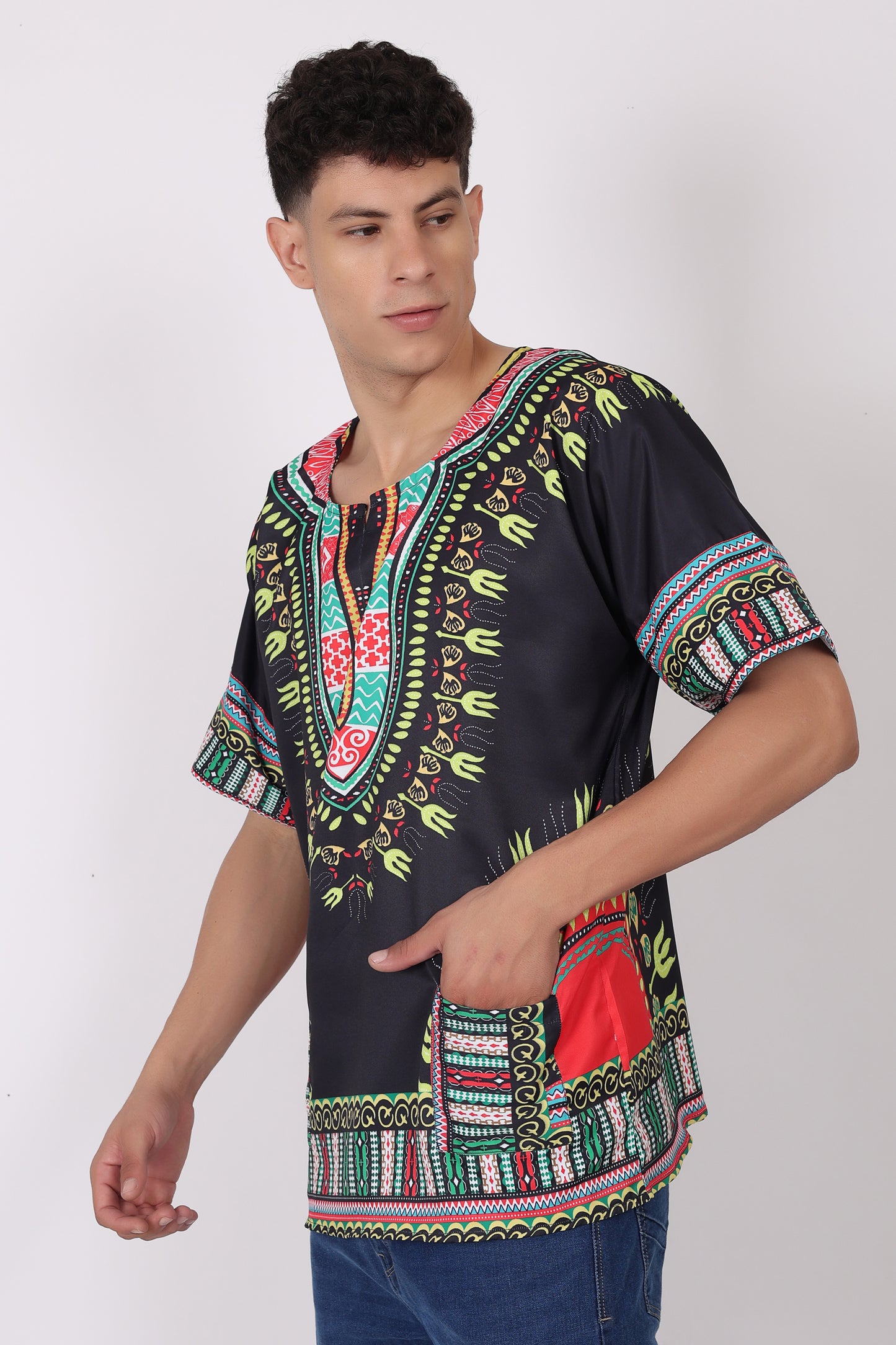 Camisa de Hombre con Estampado Afrocaribeño Negro