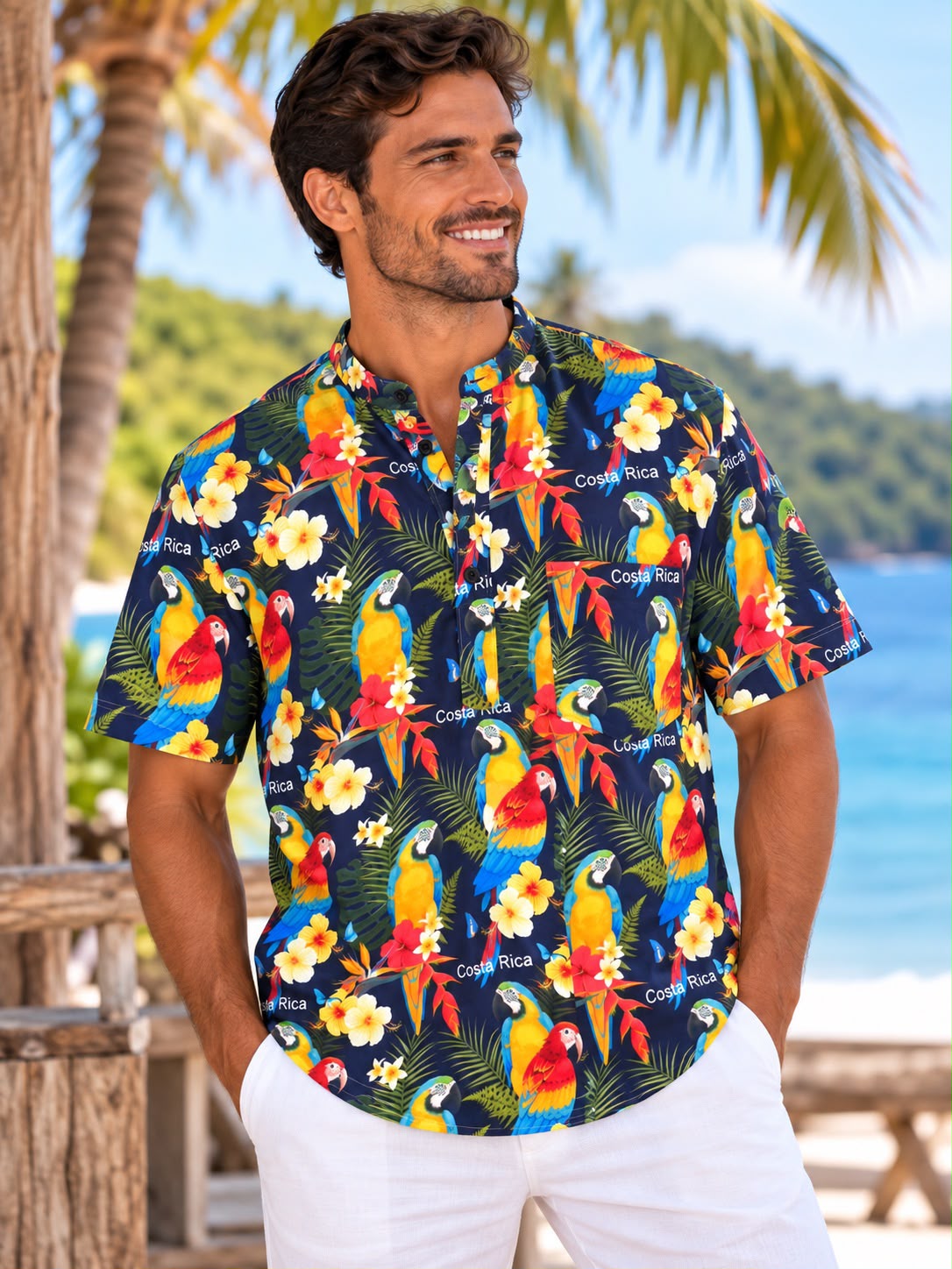 Camisa Tropical Guacamaya Azul Marino