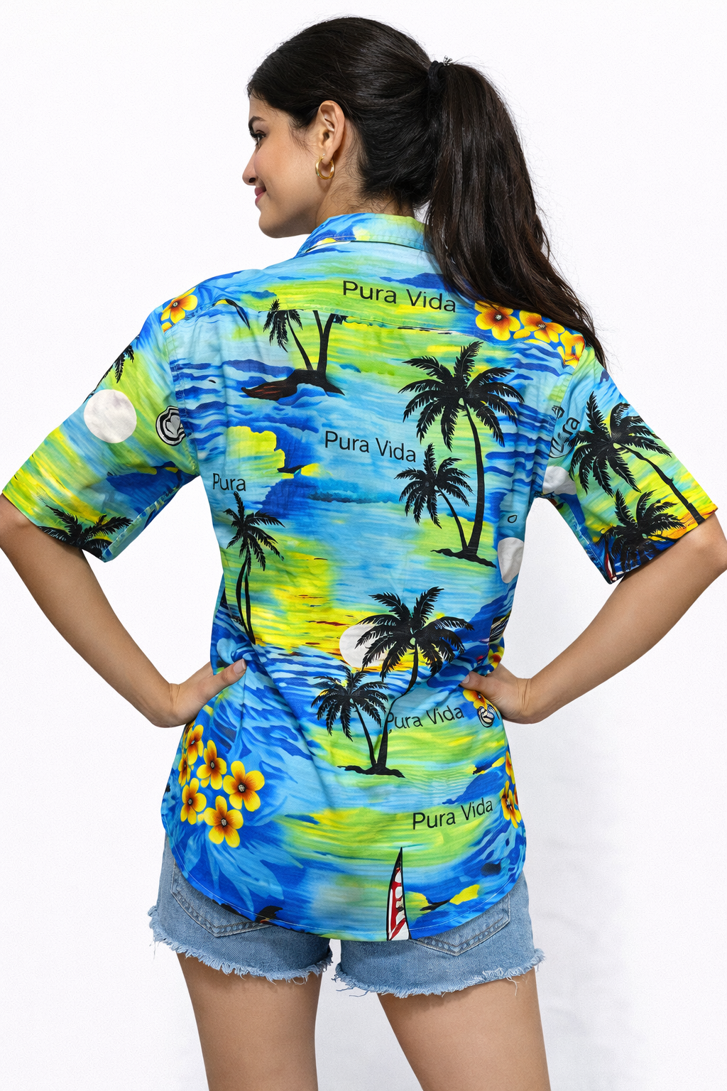 Camisa Hawaiana Playera Caribeña de Dama Estampado Palmeras Pura Vida