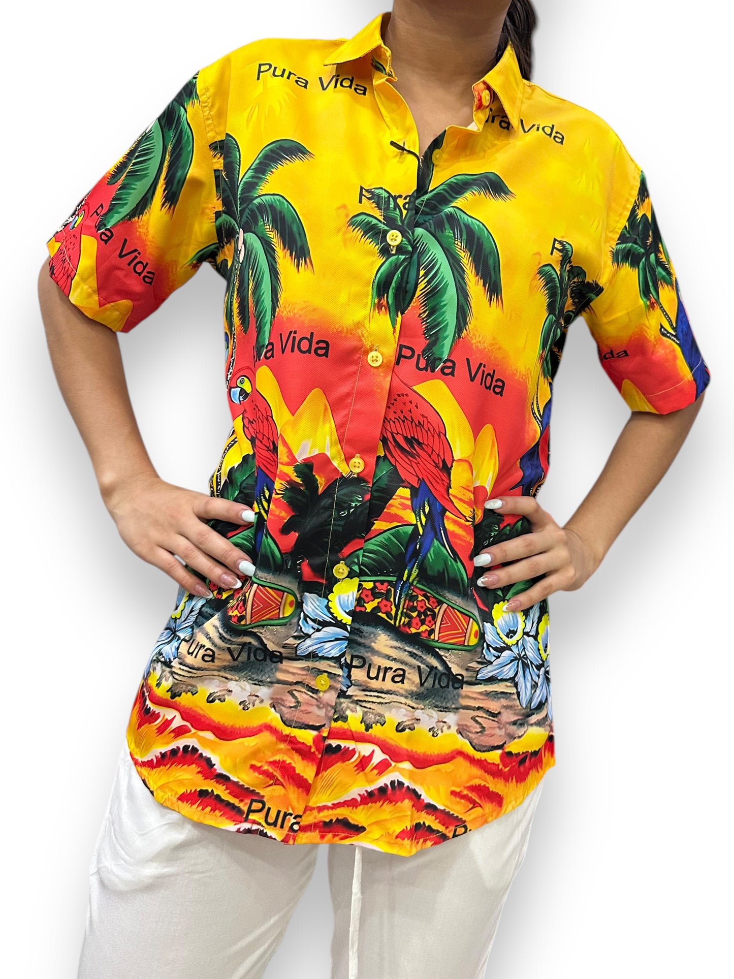 Camisa Hawaiana Playera Caribeña de Dama Estampado Palmeras Pura Vida