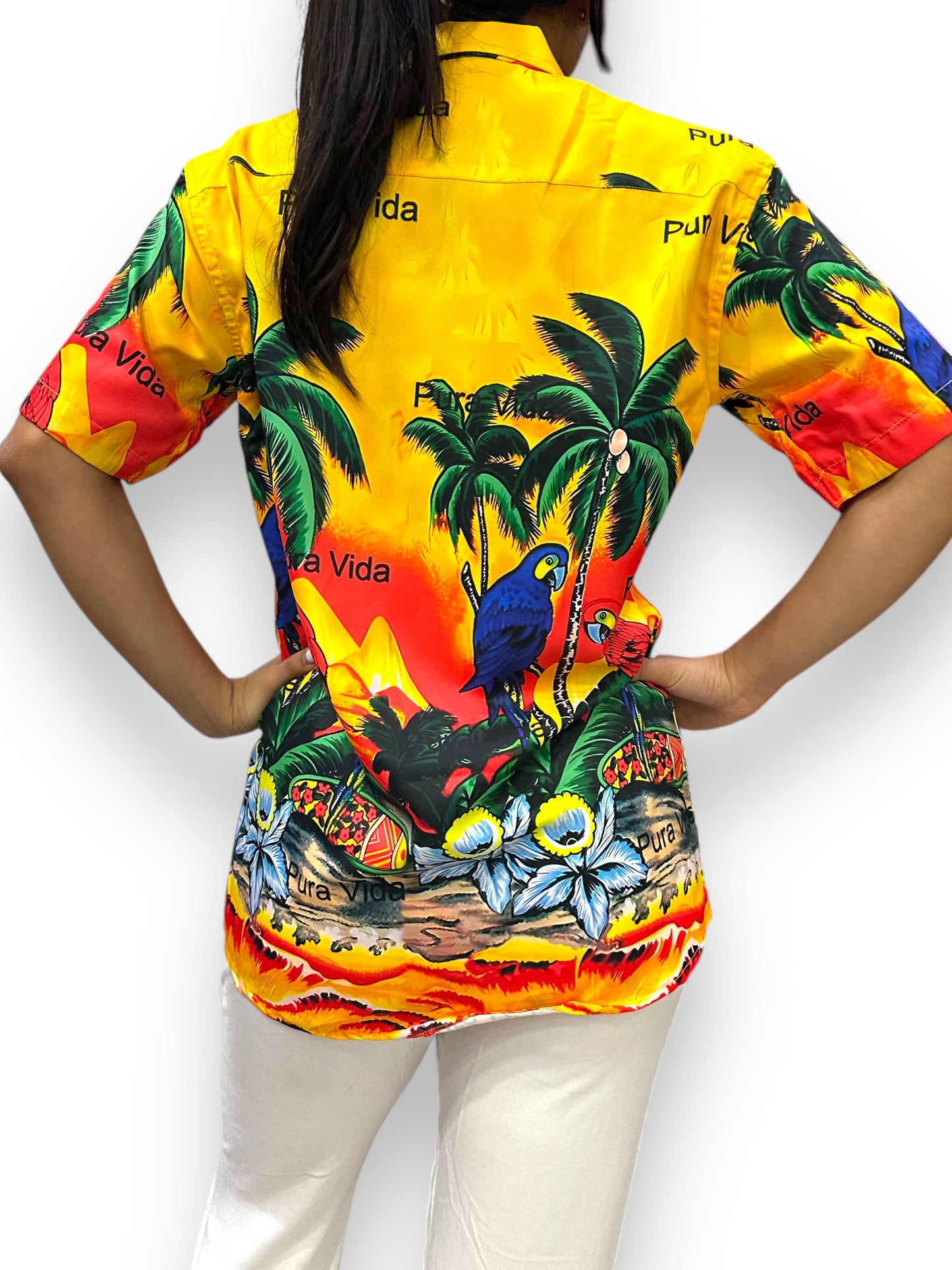 Camisa Hawaiana Playera Caribeña de Dama Estampado Palmeras Pura Vida