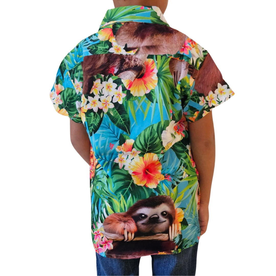 Camisa de Niño Hawaiana Playera Caribeña de Botones Estampado Oso Perezoso