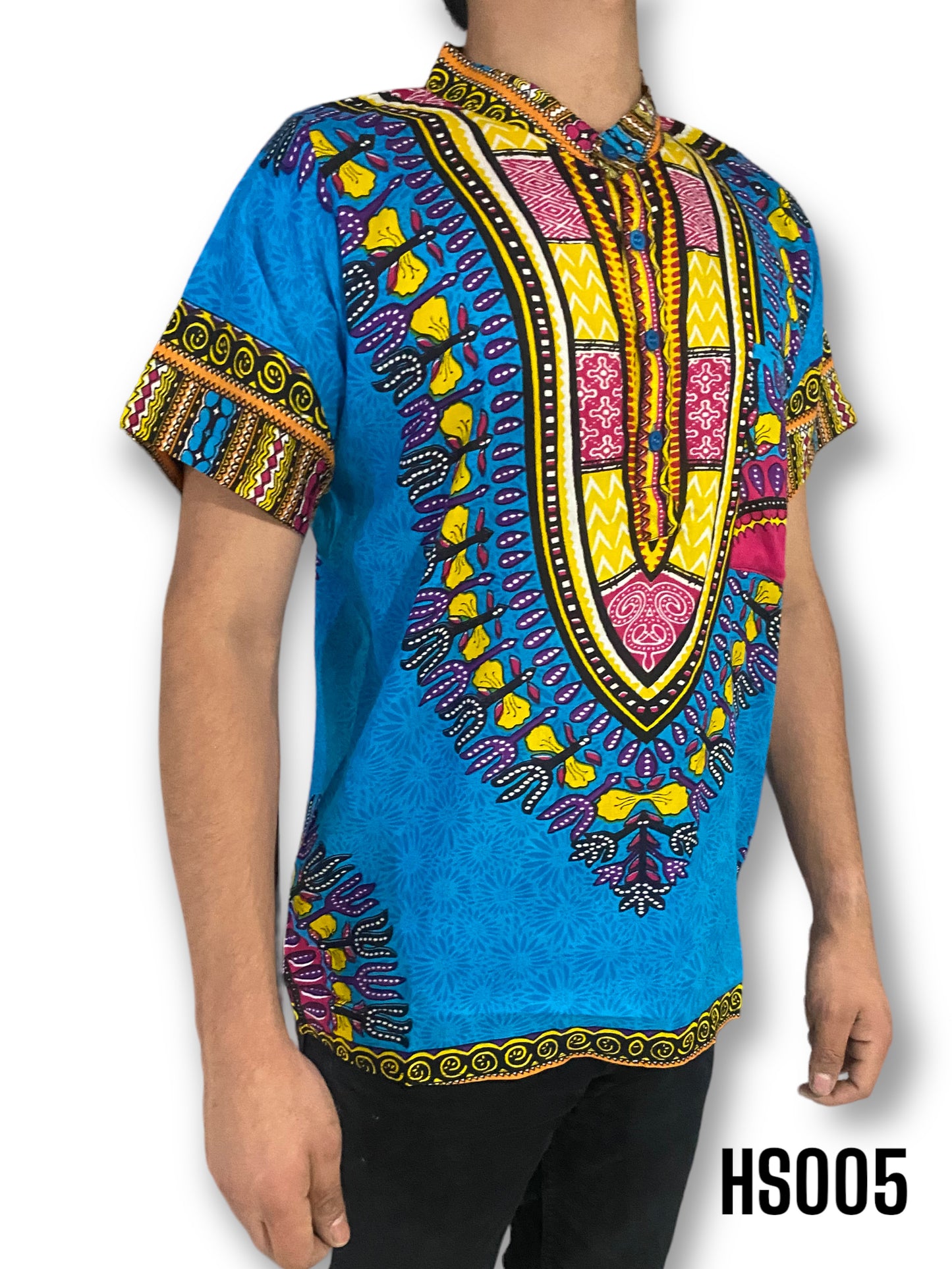 Camisa de Hombre de Botones Cuello Chino Estampado Afrocaribeño Azul