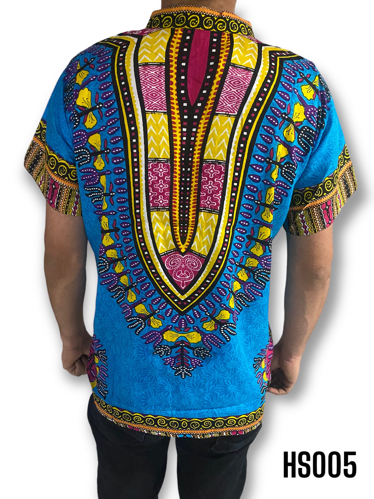 Camisa de Hombre de Botones Cuello Chino Estampado Afrocaribeño Azul