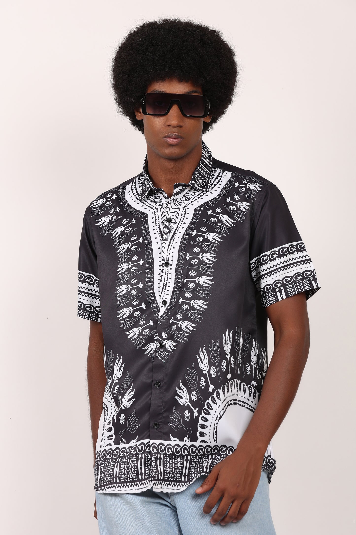 Camisa de Hombre Afrocaribeño Negro de Botones HS402