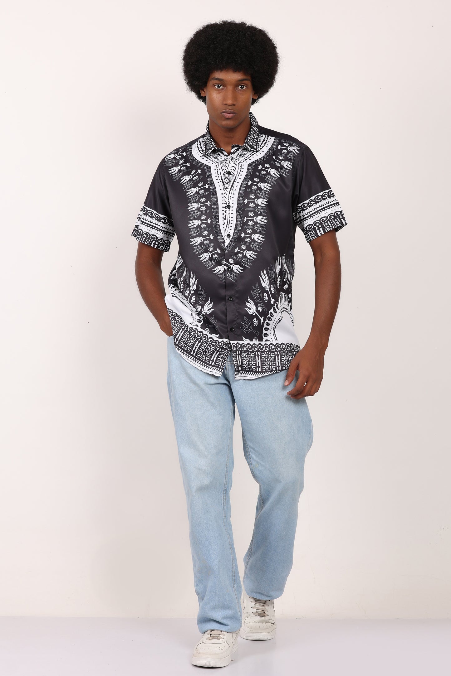 Camisa de Hombre Afrocaribeño Negro de Botones HS402