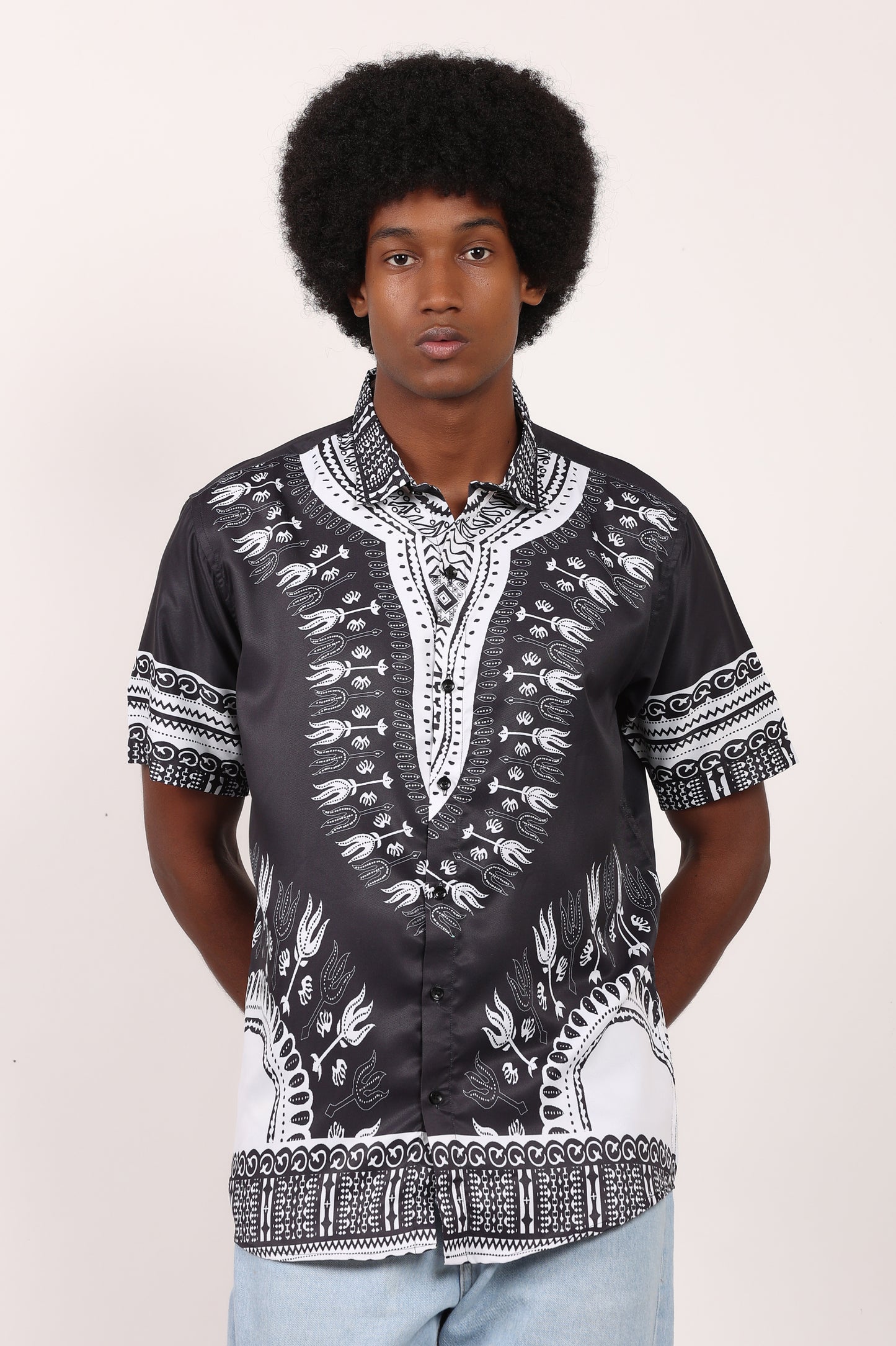 Camisa de Hombre Afrocaribeño Negro de Botones HS402
