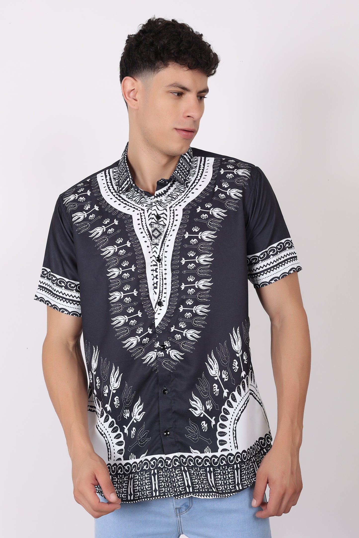 Camisa de Hombre Afrocaribeño Negro de Botones HS402